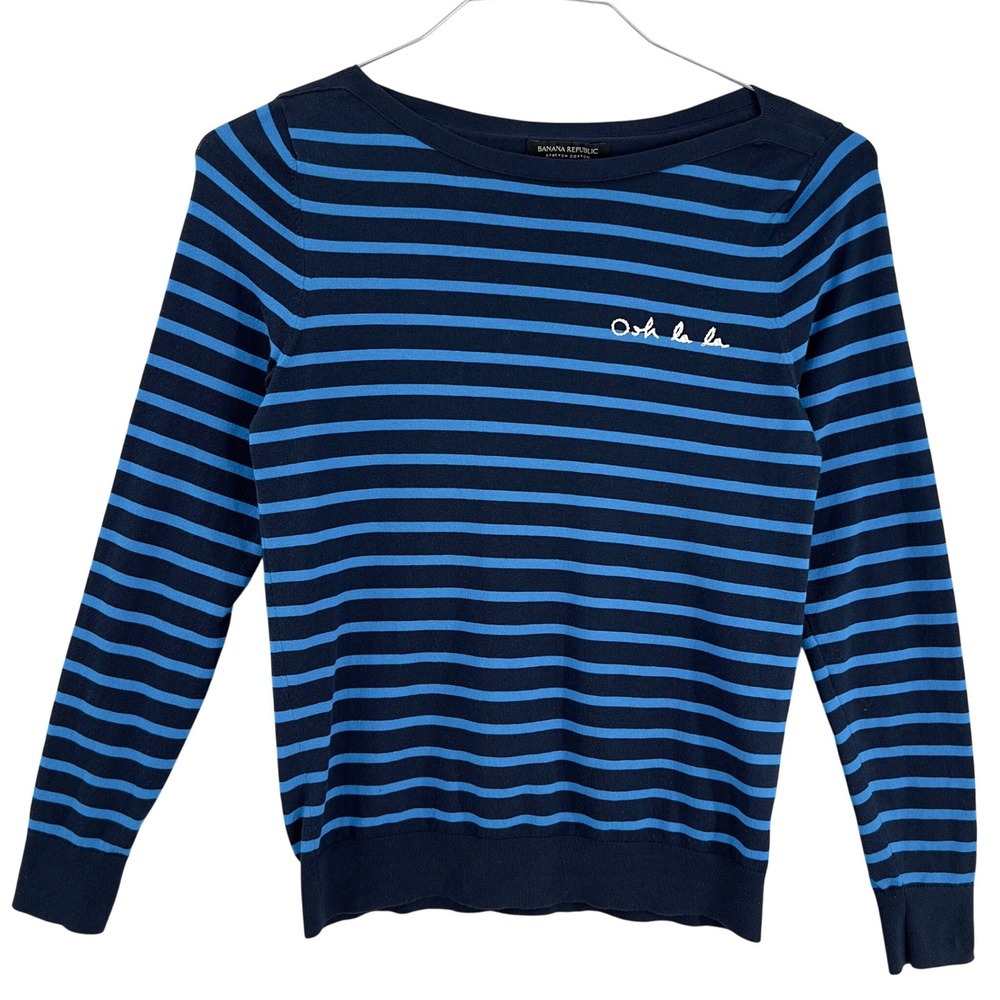 Banana Republic Women's Ooh La La Striped Sweater‎ Navy Blue Stretch Cotton S